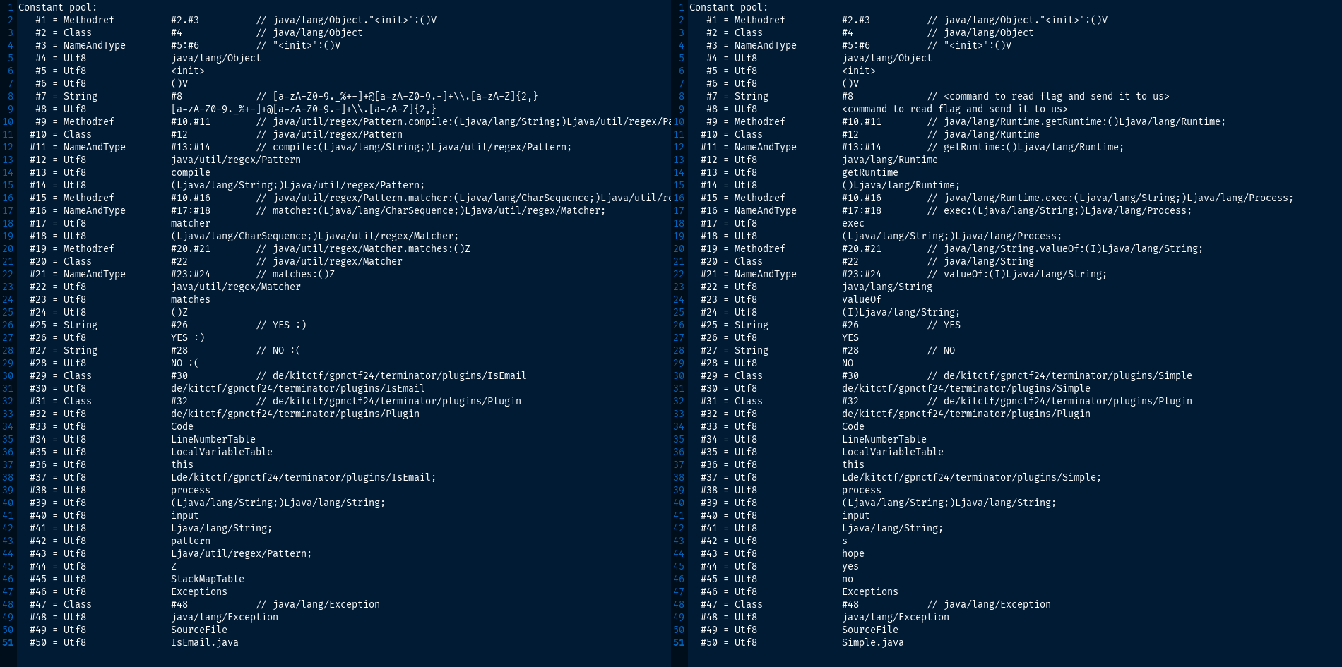 A comparison of two constant pools. Each pool consists of 50 lines (“entries”), each consisting of the index, an equal sign, the data type, and the value.