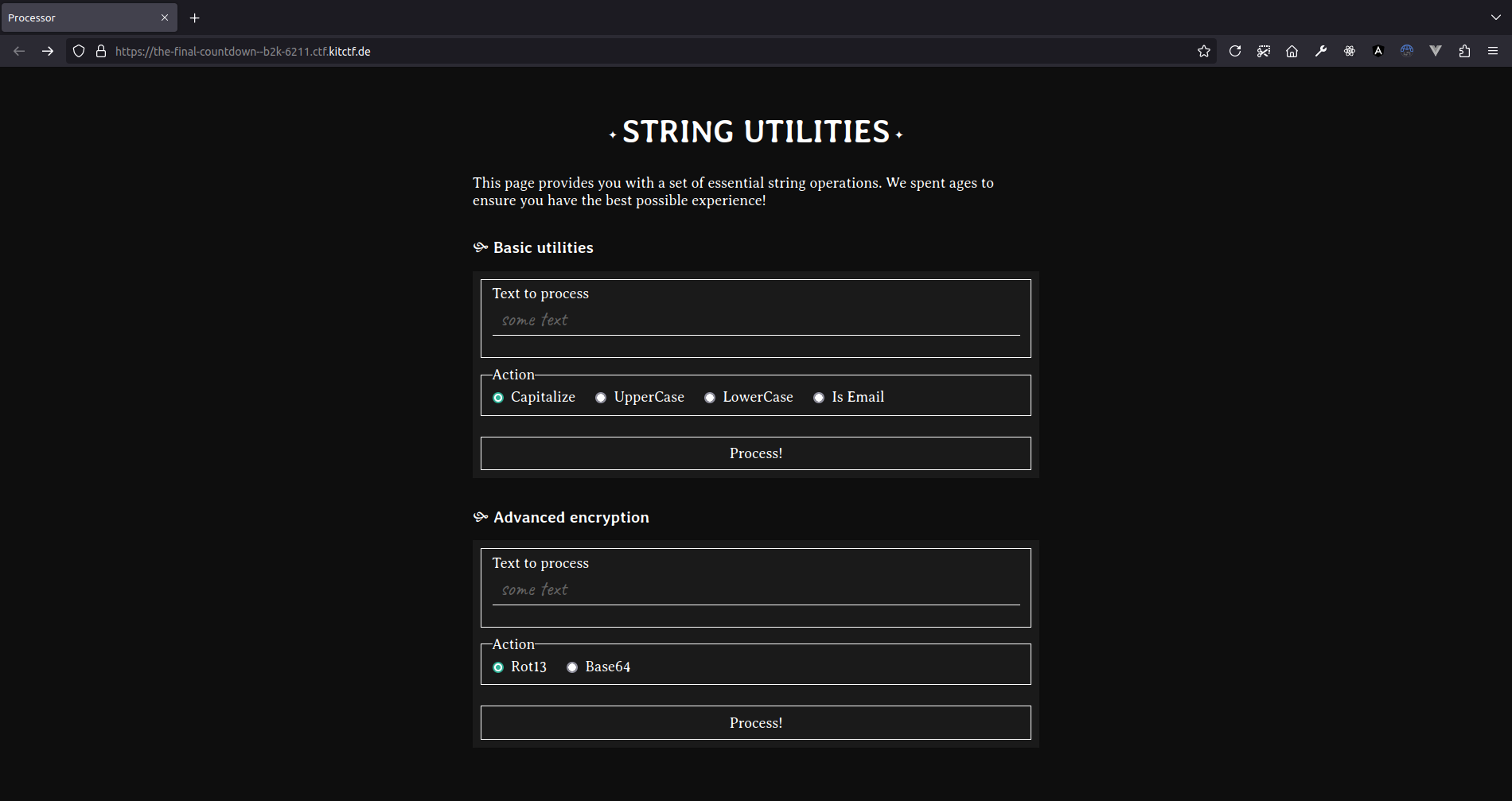 A screenshot from the website served by the Java application. Below the heading “STRING UTILITIES” there are two sections “Basic utilities” and “Advanced encryption”. In both sections there is text input field, some radiobuttons to select the operation and a “Process!” button. The first section offers the operations capitalize, upper case, lower case and is email; the second one ROT 13 and base 64.